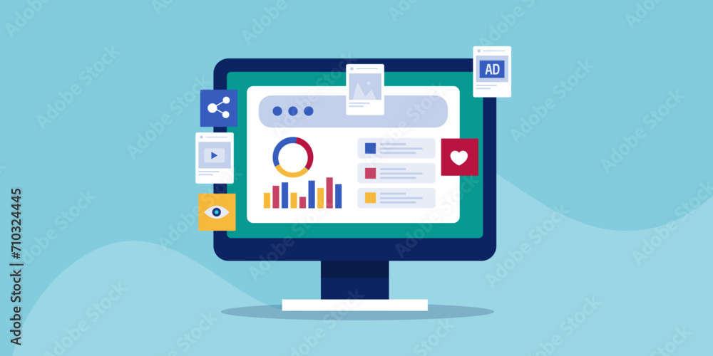 Poster social media analytics, content performance data on dashboard screen, sponsored ad click rate, shari