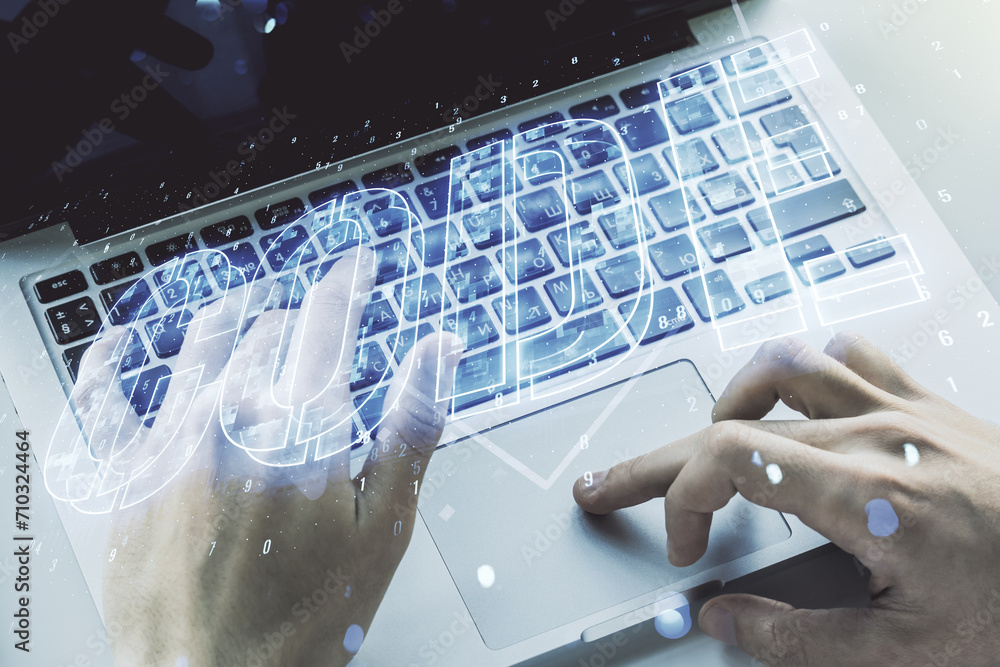 Poster creative code word sign and hands typing on laptop on background, international software development