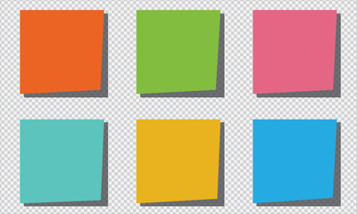Collection of different colored sheets of note papers with curled corner, ready for your message. Realistic vector illustration. post it notes isolated on transparent background.