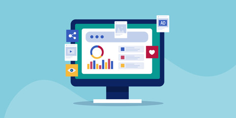 Social media analytics, content performance data on dashboard screen, sponsored ad click rate, sharing and audience view insights. Vector illustration web banner.