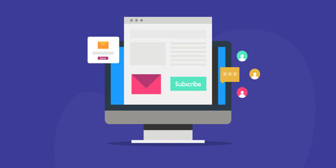 Subscribe to blog newsletter, email marketing sending message to audience, business using electronic mail communication, vector illustration.