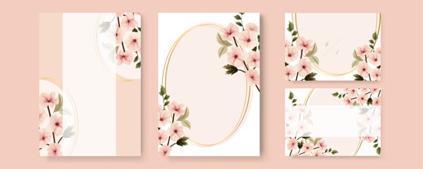 Pink magnolia beautiful wedding invitation card template set with flowers and floral