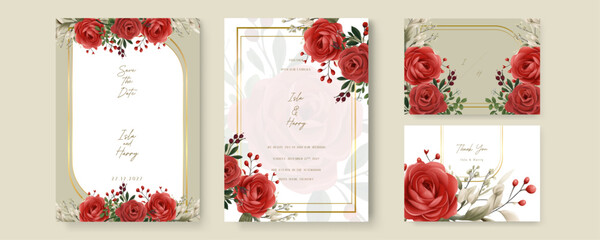 Red rose wedding invitation card template with flower and floral watercolor texture vector