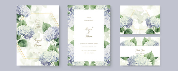 Blue and white hydrangea modern wedding invitation template with floral and flower - obrazy, fototapety, plakaty