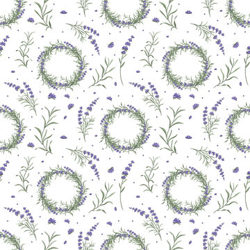 Seamless pattern of lavender wreaths and lavender branches and flowers. Design for packaging, bed linen, textiles and other designs. Vector illustration