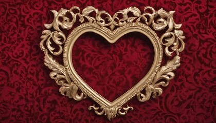 Empty baroque gold heart shaped frame on scarlet red damask velvet drapery background 