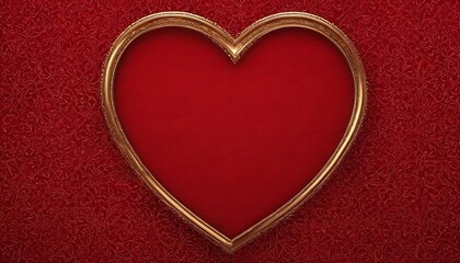 Slim simple gold heart shaped frame on scarlet red velvet background 