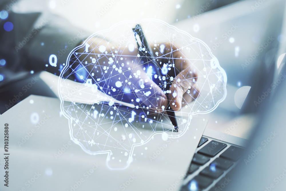 Poster double exposure of creative artificial intelligence symbol with hand writing in notebook on backgrou