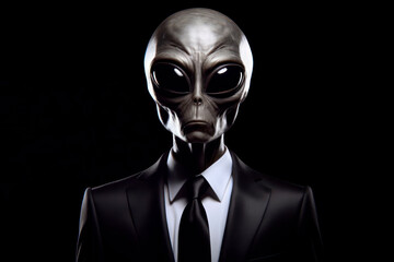 alien face on his face, wearing a black suit with a white shirt and black tie on solid black background. ai generative