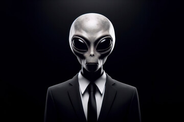 alien face on his face, wearing a black suit with a white shirt and black tie on solid black background. ai generative