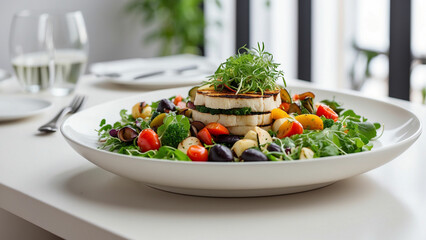elegance of vegetarian cuisine against the backdrop of a white wooden table in a stylish restaurant