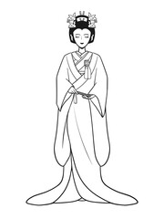 着物、打掛、日本髪、婚礼衣装の若い女性（線画）