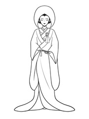 着物、打掛、綿帽子、婚礼衣装の若い女性（線画）