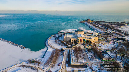 Chicago, IL USA January 15th 2024:Aerial drone footage of Chicago Adler Planetarium during winter...