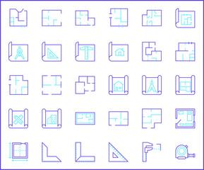 Set of architecture and construction icons line style. It contains such Icons as interior, real estate, building, house, plans, design, build, tool and other elements.