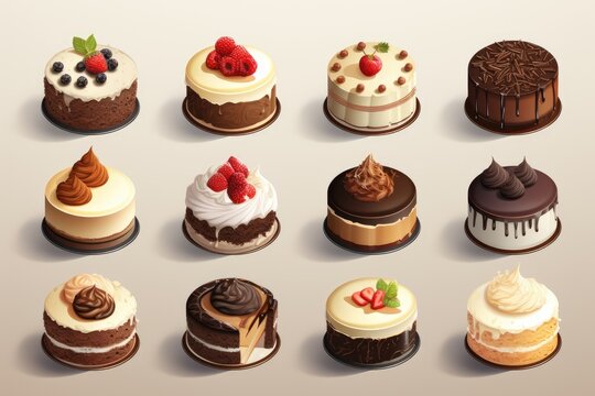 3D cute collection of chocolates and cake on isolated background