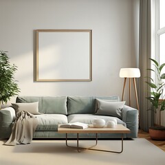 Home mockup, living room in Japandi style, 3d render