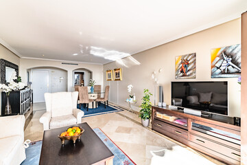 a luxury living room with dining table and television inside a mediterranean apartment