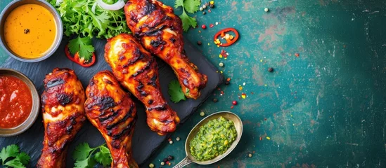  Tandoori chicken legs with chutneys, salad and spices served on spoons. © AkuAku