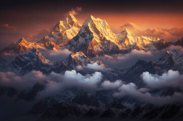 Himalaya representation with Mt Everest at sunset