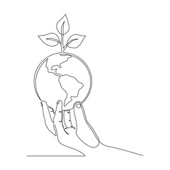 Continuous single line sketch drawing of palm hand holding earth globe and plant tree save world environment. One line art of protect nature ecology earth care world day vector illustration 