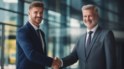 Portrait of a cheerful young male manager shaking hands with a new employee of a business center against the background of a modern office.