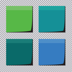 Paper notes , sticky notes. Colorful stickers or notepad pages with curled corners. Empty blanks for messages. Realistic mock up.