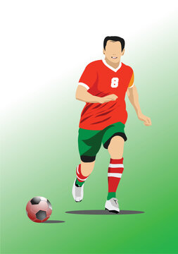 Soccer player poster. Vector Color hand drawn 3d illustration