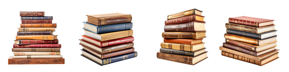 Fototapeta premium pile of old cultural books , reference library , isolated on a transparent background. PNG, cutout, or clipping path. 