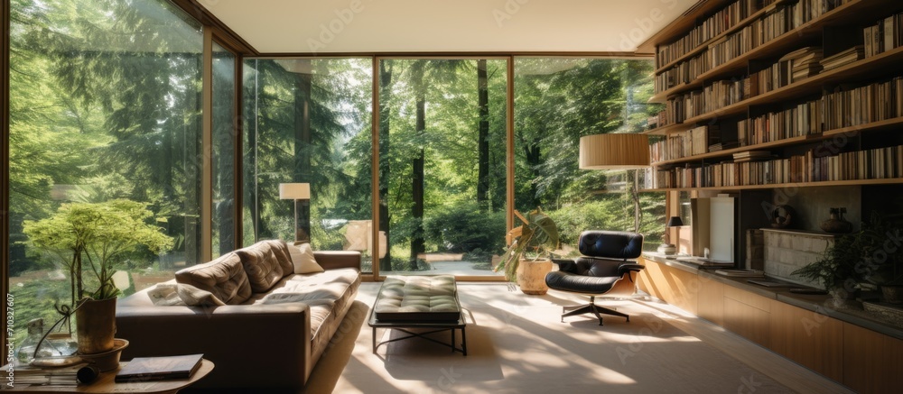 Poster unoccupied open living room with nature views through big windows.