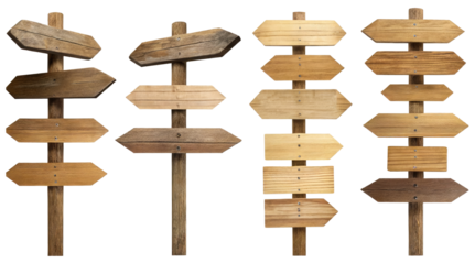 Set of old wooden road direction signposts.  ,isolated on a transparent background. PNG, cutout, or clipping path.	
