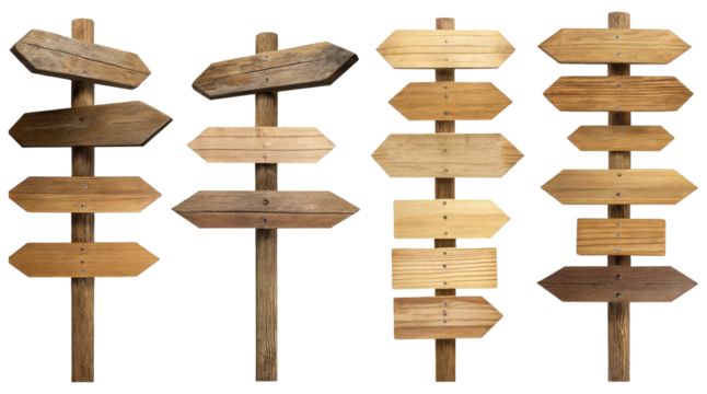 Set of old wooden road direction signposts.  ,isolated on a transparent background. PNG, cutout, or clipping path.	
