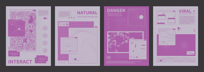 Y2k design template for poster or banner with grid and bitmap pixel abstract shapes and surfaces. Vector illustration set of cover layout in pink pastel color with wireframe forms and text box. - obrazy, fototapety, plakaty
