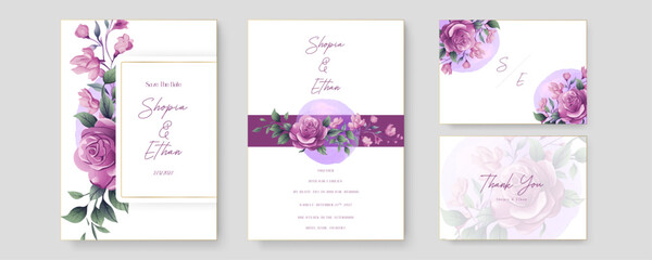 Purple violet rose set of wedding invitation template with shapes and flower floral border. Gradient golden luxury boho watercolor wedding floral invitation template