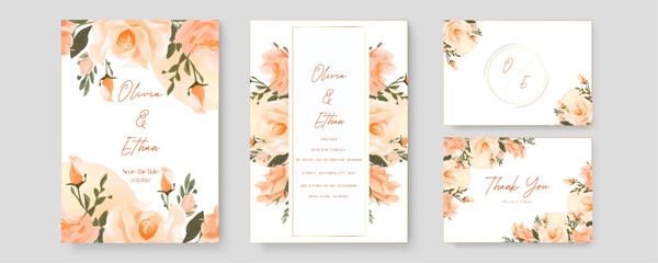 Fototapeta na wymiar Peach rose wedding invitation card template with flower and floral watercolor texture vector. Gradient golden luxury boho watercolor wedding floral invitation template