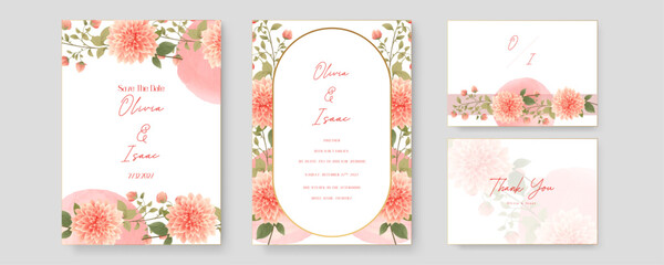 Pink chrysanthemum modern wedding invitation template with floral and flower. Gradient golden luxury boho watercolor wedding floral invitation template