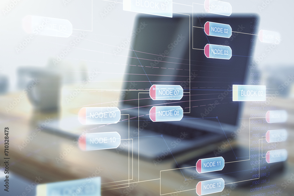 Poster double exposure of abstract programming language and modern desktop with laptop on background, resea