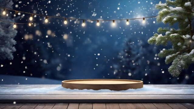 Empty Wood table top with decorative outdoor string lights hanging on tree in the garden at night time, winter time