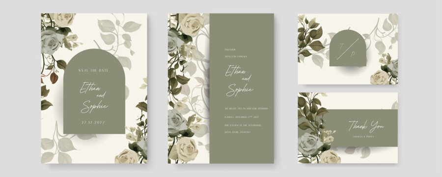 Green and gray grey rose set of wedding invitation template with shapes and flower floral border. Gradient golden luxury boho watercolor wedding floral invitation template
