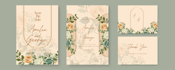 Beige and green rose floral wedding invitation card template set with flowers frame decoration. Gradient golden luxury boho watercolor wedding floral invitation template