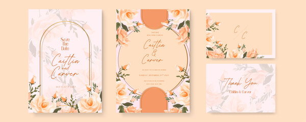 Peach rose artistic wedding invitation card template set with flower decorations. Gradient golden luxury boho watercolor wedding floral invitation template