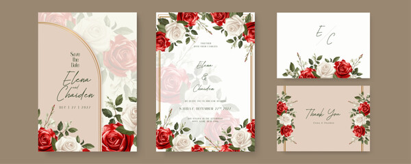 White and red rose artistic wedding invitation card template set with flower decorations. Gradient golden luxury boho watercolor wedding floral invitation template