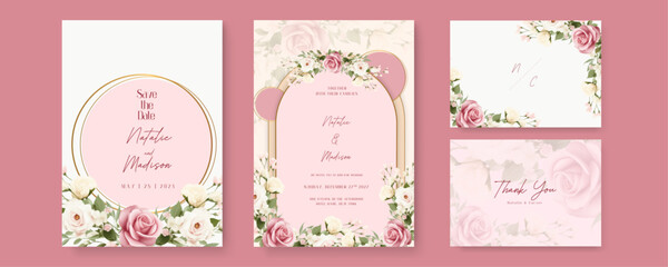 Pink and white rose and poppy elegant wedding invitation card template with watercolor floral and leaves. Gradient golden luxury boho watercolor wedding floral invitation template