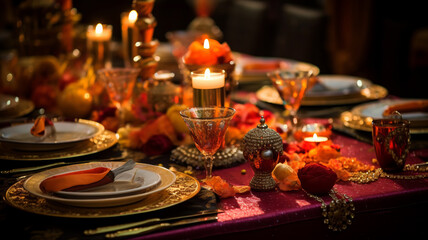 Fototapeta na wymiar Richly decorated wedding indian oriental table setting with golden accents, candles, and roses in warm, inviting colors