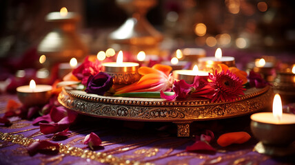 Richly decorated wedding indian oriental table setting with golden accents, candles, and roses in...