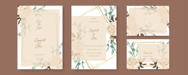 Beige rose vector wedding invitation card set template with flowers and leaves watercolor. Gradient golden luxury boho watercolor wedding floral invitation template