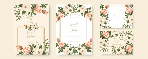 Pink and beige rose and poppy artistic wedding invitation card template set with flower decorations. Gradient golden luxury boho watercolor wedding floral invitation template