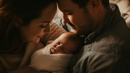 Emotional Newborn Embrace with Parents in Hospital Bed and Soft Lighting