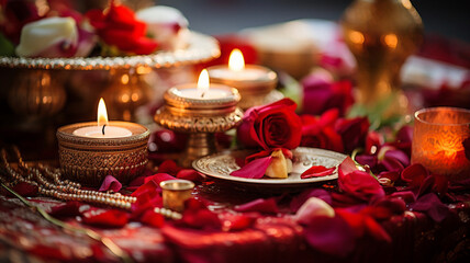 Richly decorated wedding indian oriental table setting with golden accents, candles, and roses in warm, inviting colors