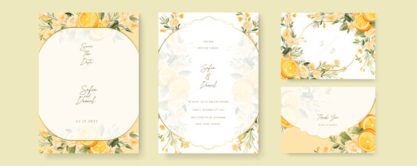 Yellow lemon and camellia vector elegant watercolor wedding invitation floral design. Gradient golden luxury boho watercolor wedding floral invitation template
